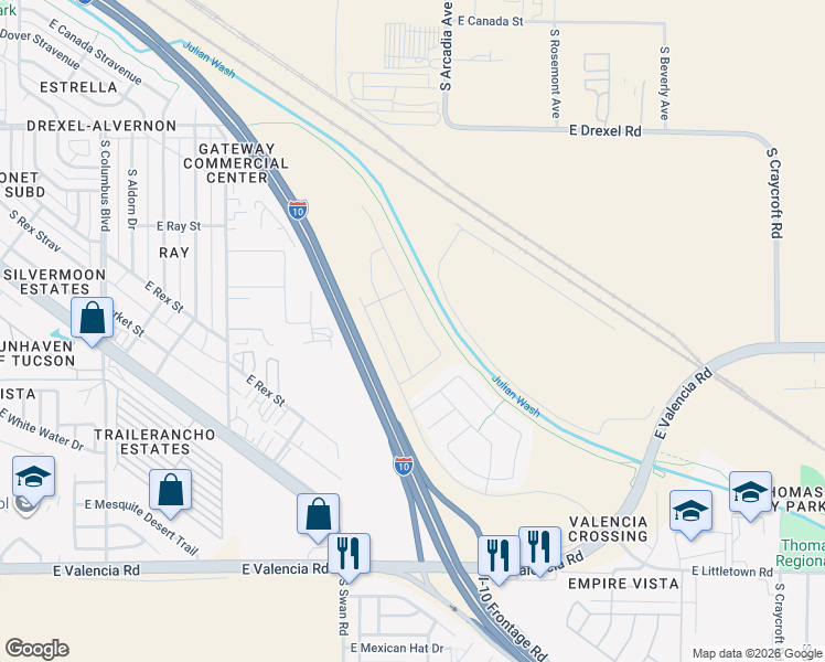 map of restaurants, bars, coffee shops, grocery stores, and more near Julian Wash Greenway in Tucson