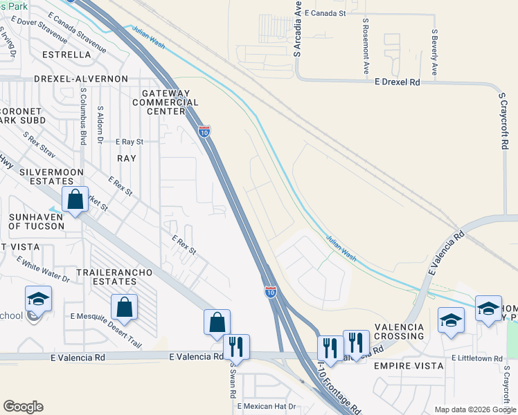 map of restaurants, bars, coffee shops, grocery stores, and more near Interstate 10 in Tucson