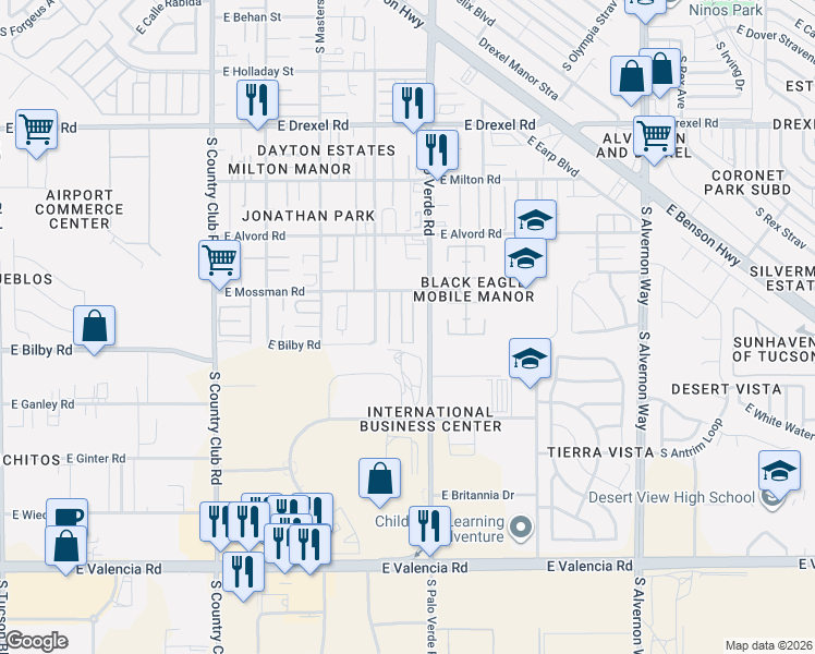 map of restaurants, bars, coffee shops, grocery stores, and more near 6072 South Holly Drive in Tucson