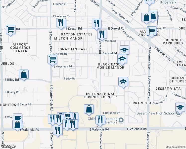 map of restaurants, bars, coffee shops, grocery stores, and more near 6072 South Holly Drive in Tucson