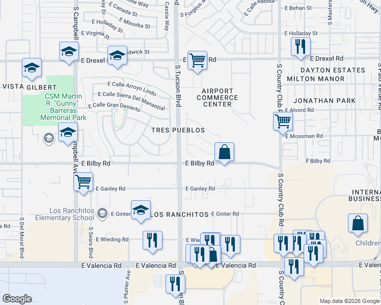 map of restaurants, bars, coffee shops, grocery stores, and more near 2605 East Calle Tobo in Tucson