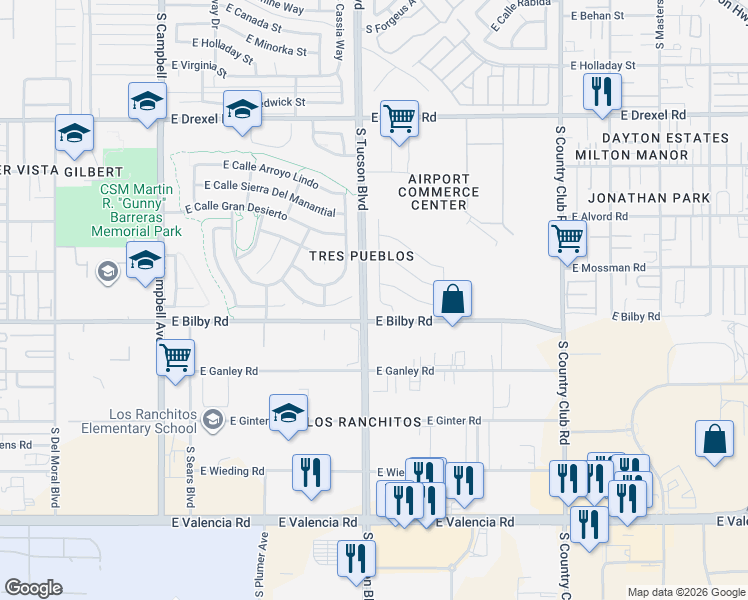 map of restaurants, bars, coffee shops, grocery stores, and more near 2605 East Calle Tobo in Tucson