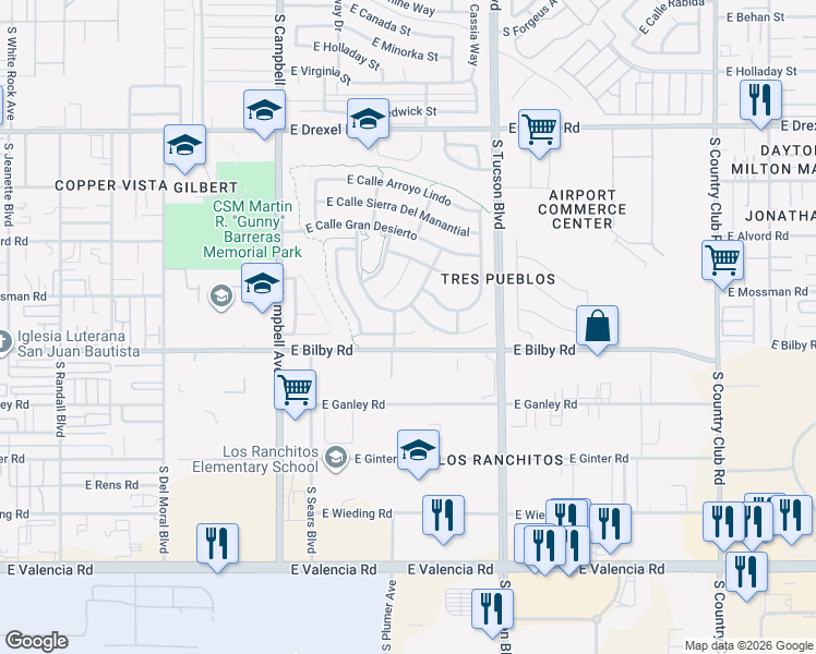 map of restaurants, bars, coffee shops, grocery stores, and more near 2253 East Calle Los Marmoles in Tucson