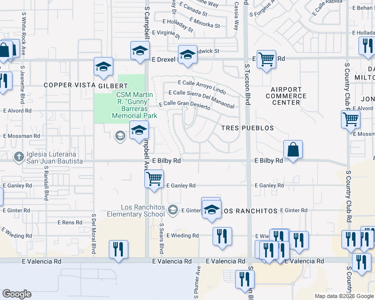 map of restaurants, bars, coffee shops, grocery stores, and more near 2127 East Calle Los Marmoles in Tucson