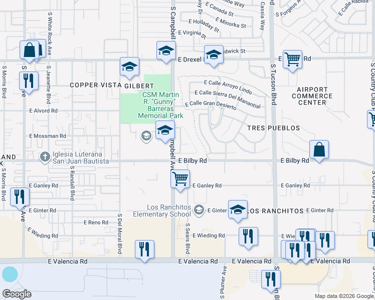map of restaurants, bars, coffee shops, grocery stores, and more near 2007 East Calle Corza in Tucson