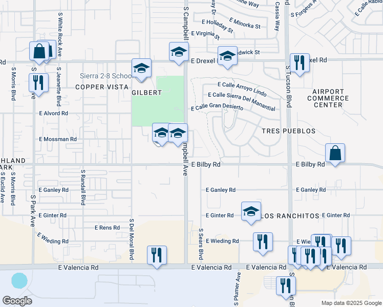 map of restaurants, bars, coffee shops, grocery stores, and more near 6066 South Avenida Talca in Tucson