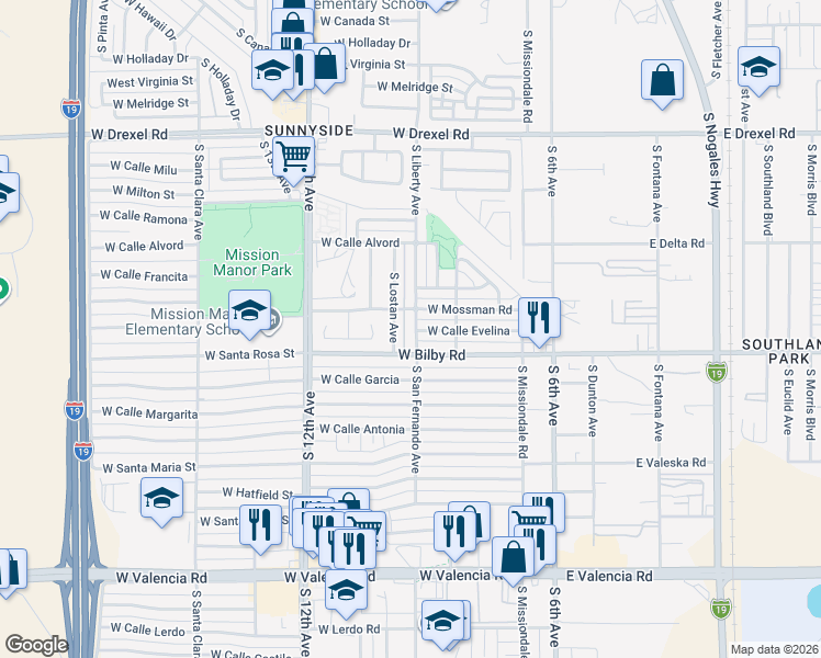 map of restaurants, bars, coffee shops, grocery stores, and more near 257 West Calle Evelina in Tucson