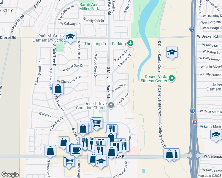 map of restaurants, bars, coffee shops, grocery stores, and more near 1570 West Lama Drive in Tucson