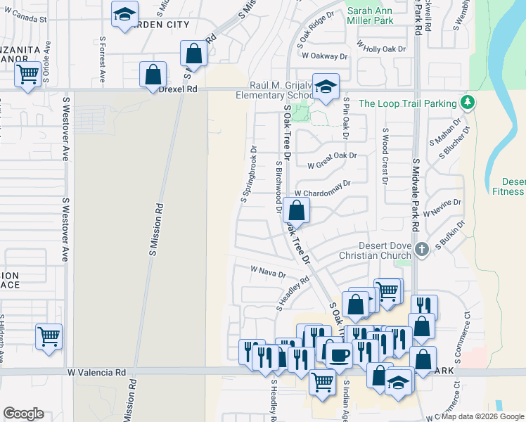 map of restaurants, bars, coffee shops, grocery stores, and more near 6042 South Birchwood Drive in Tucson
