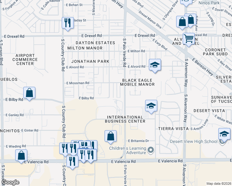 map of restaurants, bars, coffee shops, grocery stores, and more near 6072 South Holly Drive in Tucson