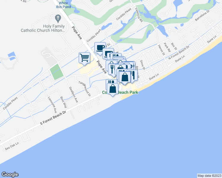 map of restaurants, bars, coffee shops, grocery stores, and more near South Forest Beach Drive in Hilton Head Island