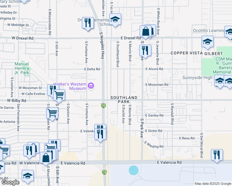 map of restaurants, bars, coffee shops, grocery stores, and more near 6032 South Southland Boulevard in Tucson