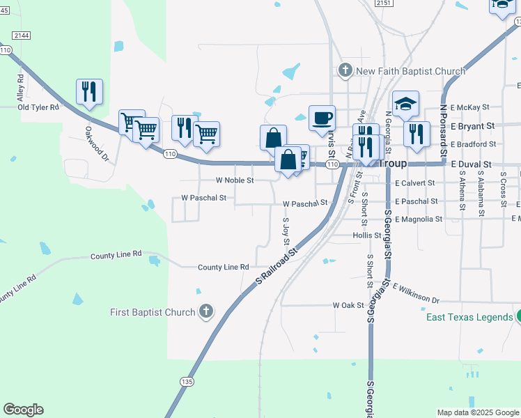 map of restaurants, bars, coffee shops, grocery stores, and more near 808 West Paschal Street in Troup