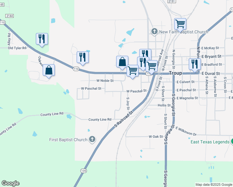 map of restaurants, bars, coffee shops, grocery stores, and more near 808 W Paschal St in Troup
