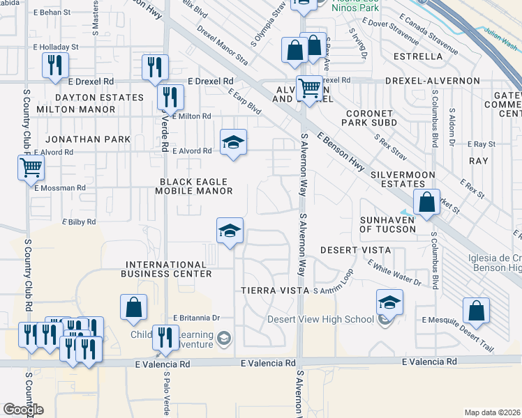 map of restaurants, bars, coffee shops, grocery stores, and more near 3797 East White River Drive in Tucson