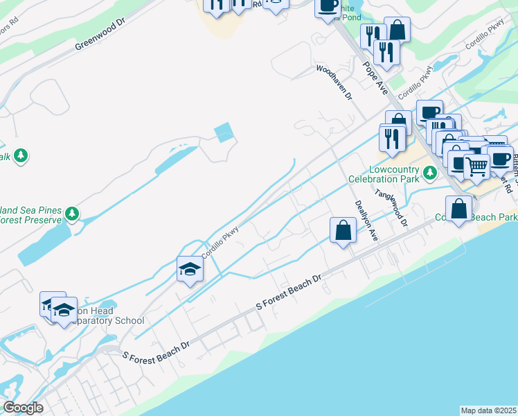 map of restaurants, bars, coffee shops, grocery stores, and more near 215 Cordillo Parkway in Hilton Head Island