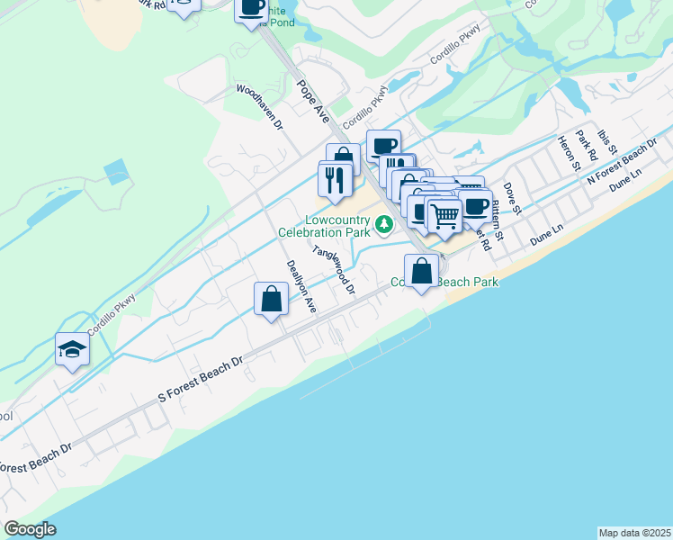 map of restaurants, bars, coffee shops, grocery stores, and more near 2 Tanglewood Drive in Hilton Head Island