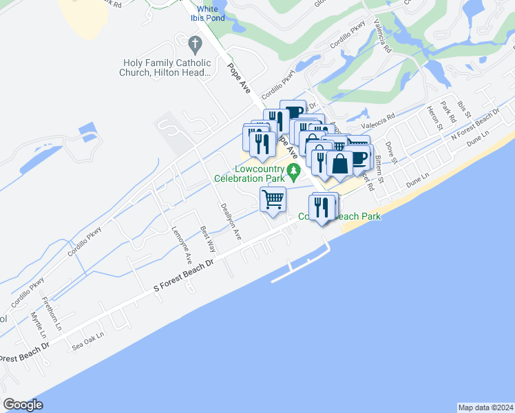map of restaurants, bars, coffee shops, grocery stores, and more near 5 Tanglewood Drive in Hilton Head Island