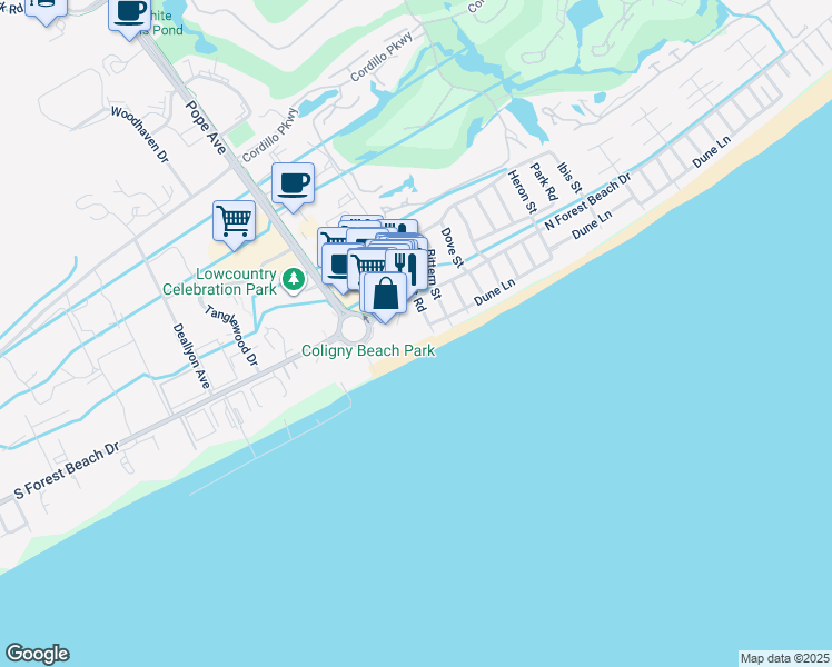 map of restaurants, bars, coffee shops, grocery stores, and more near 10 North Forest Beach Drive in Hilton Head Island