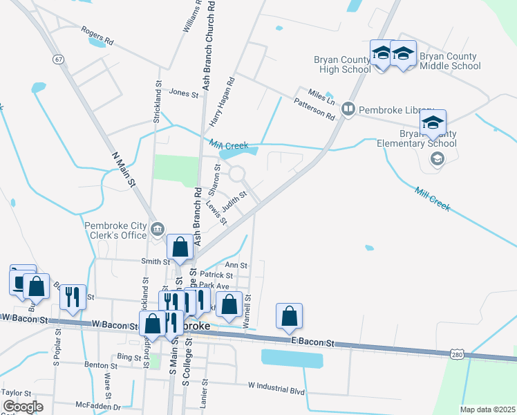 map of restaurants, bars, coffee shops, grocery stores, and more near 1234 Camelia Drive in Pembroke