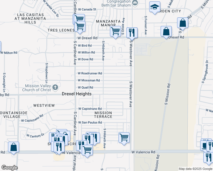 map of restaurants, bars, coffee shops, grocery stores, and more near 2672 West Quail Road in Tucson