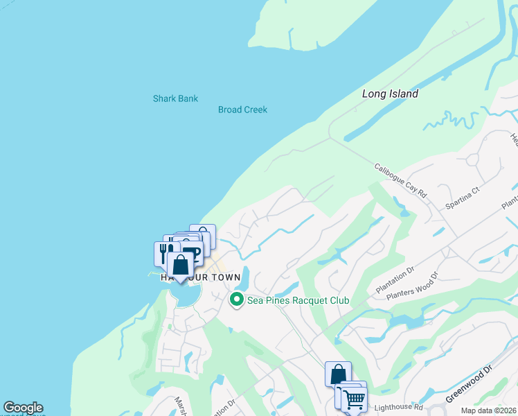 map of restaurants, bars, coffee shops, grocery stores, and more near 2059 Deer Island Road in Hilton Head Island