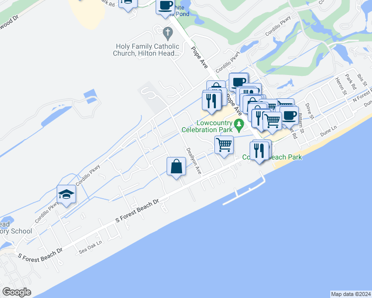 map of restaurants, bars, coffee shops, grocery stores, and more near in Hilton Head Island