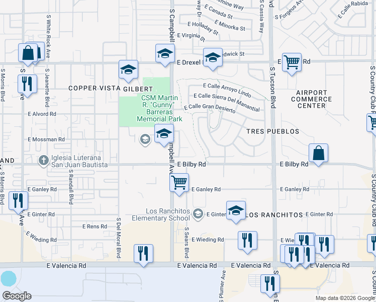map of restaurants, bars, coffee shops, grocery stores, and more near 2007 East Calle Corza in Tucson