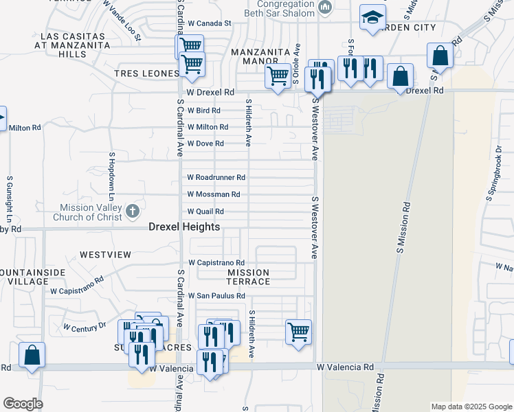 map of restaurants, bars, coffee shops, grocery stores, and more near 2672 West Quail Road in Tucson