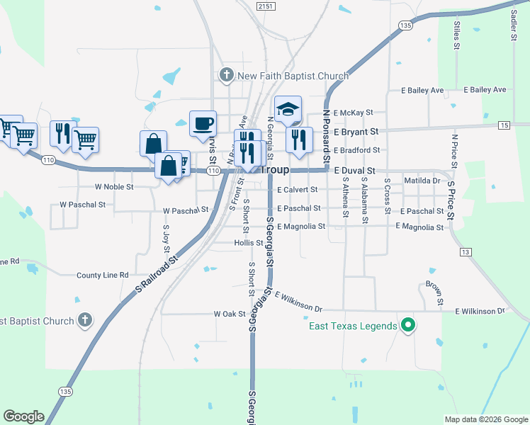 map of restaurants, bars, coffee shops, grocery stores, and more near 301 S Georgia St in Troup