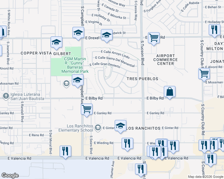 map of restaurants, bars, coffee shops, grocery stores, and more near 2253 East Calle Los Marmoles in Tucson