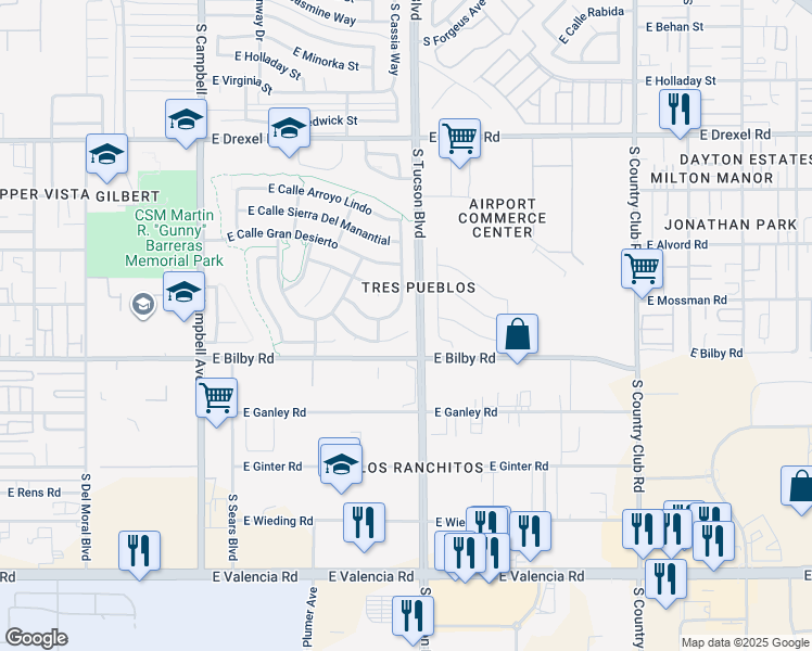 map of restaurants, bars, coffee shops, grocery stores, and more near 2475 East Calle Pelicano in Tucson