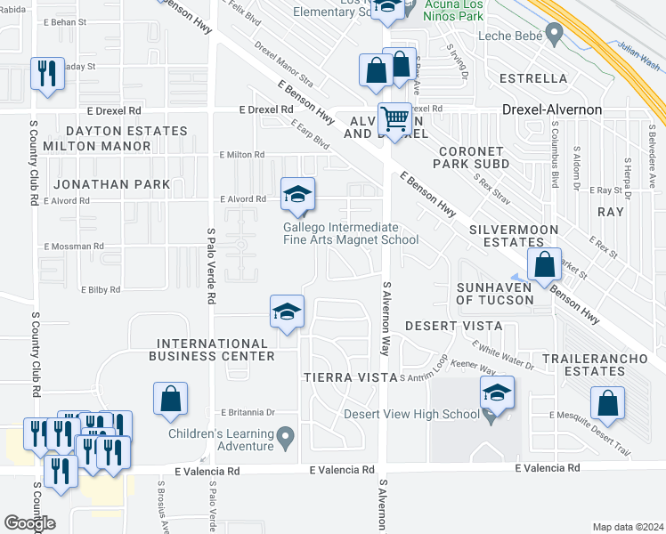 map of restaurants, bars, coffee shops, grocery stores, and more near 6061 South Nantac Rim Drive in Tucson