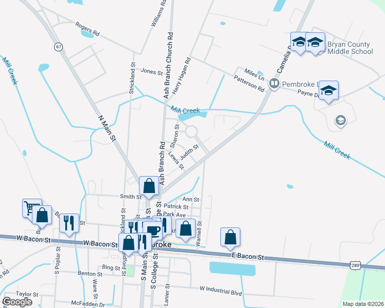 map of restaurants, bars, coffee shops, grocery stores, and more near 82 Judith Street in Pembroke