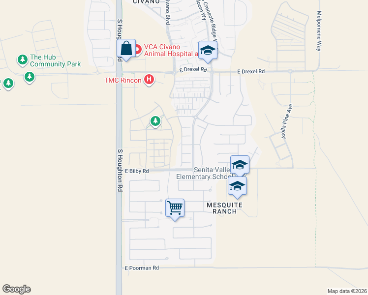 map of restaurants, bars, coffee shops, grocery stores, and more near 6036 South Meadow Breeze Drive in Tucson