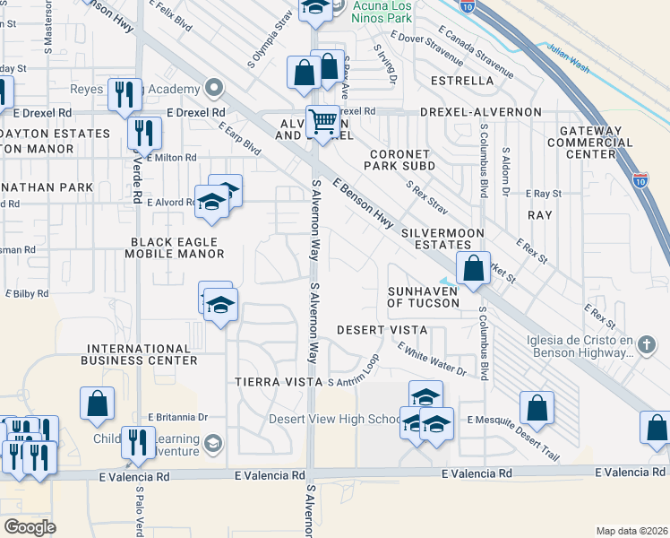 map of restaurants, bars, coffee shops, grocery stores, and more near 6043 South Alvernon Way in Tucson