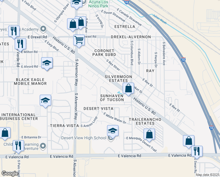 map of restaurants, bars, coffee shops, grocery stores, and more near 4180 East Benson Highway in Tucson