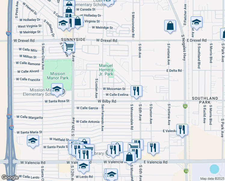 map of restaurants, bars, coffee shops, grocery stores, and more near 223 West Mossman Street in Tucson