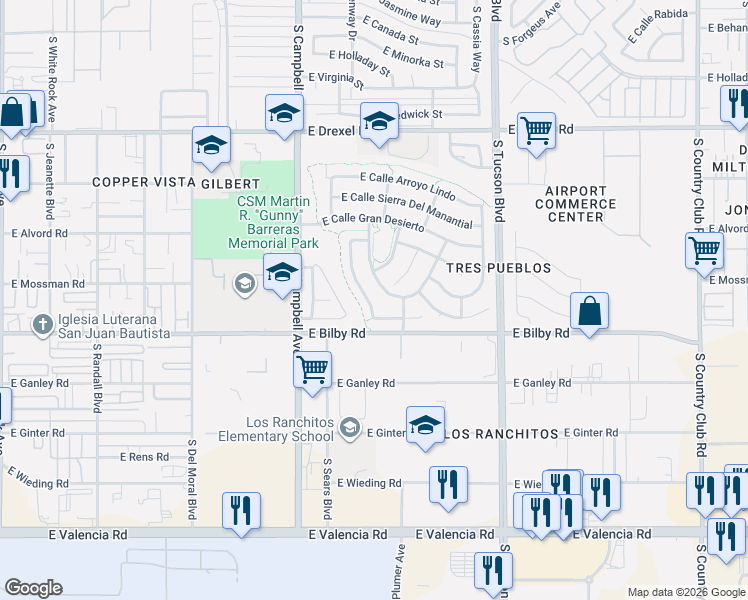 map of restaurants, bars, coffee shops, grocery stores, and more near 2127 East Calle Los Marmoles in Tucson