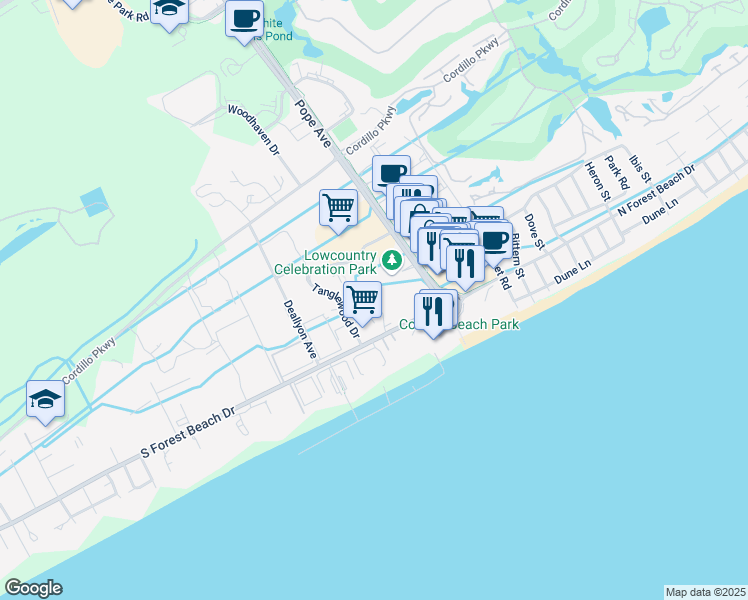 map of restaurants, bars, coffee shops, grocery stores, and more near 10 South Forest Beach Drive in Hilton Head Island