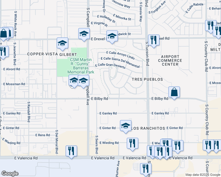map of restaurants, bars, coffee shops, grocery stores, and more near 2127 East Calle Los Marmoles in Tucson
