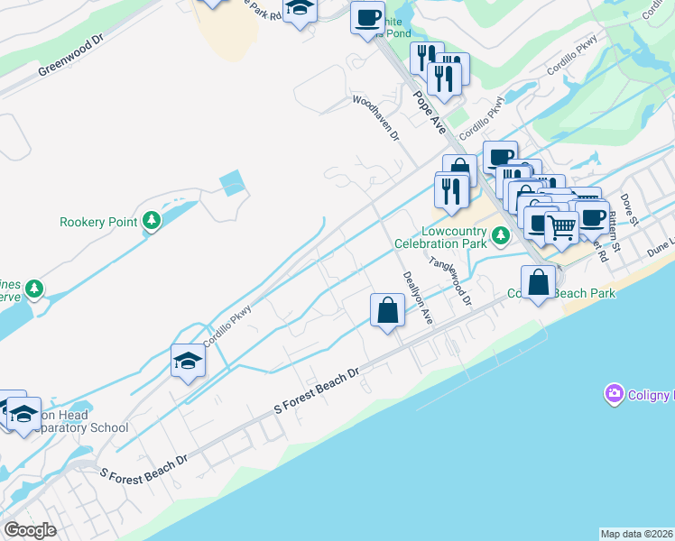 map of restaurants, bars, coffee shops, grocery stores, and more near 19 Lemoyne Avenue in Hilton Head Island