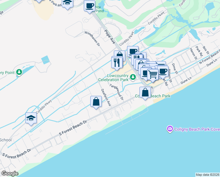 map of restaurants, bars, coffee shops, grocery stores, and more near 3 Lemoyne Avenue in Hilton Head Island