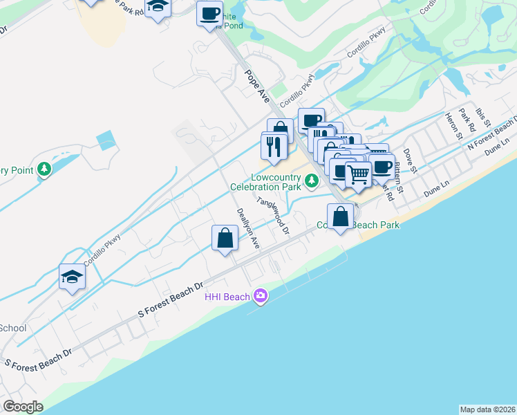 map of restaurants, bars, coffee shops, grocery stores, and more near 3 Lemoyne Avenue in Hilton Head Island