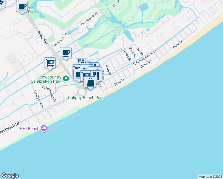 map of restaurants, bars, coffee shops, grocery stores, and more near 7 Dune Lane in Hilton Head Island