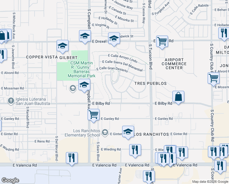 map of restaurants, bars, coffee shops, grocery stores, and more near 2127 East Calle Los Marmoles in Tucson
