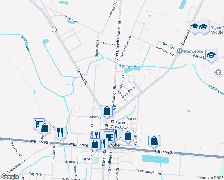 map of restaurants, bars, coffee shops, grocery stores, and more near 104 Ash Branch Road in Pembroke