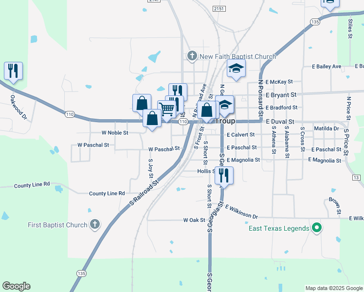 map of restaurants, bars, coffee shops, grocery stores, and more near 408 Farm-To-Market Road 347 in Troup