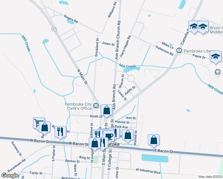 map of restaurants, bars, coffee shops, grocery stores, and more near 206 Ash Branch Road in Pembroke