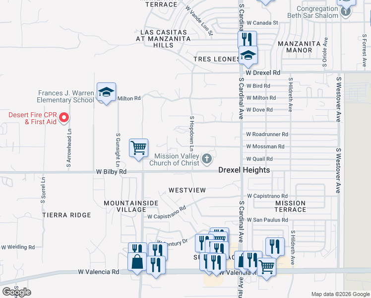 map of restaurants, bars, coffee shops, grocery stores, and more near 6020 South Hopdown Lane in Tucson